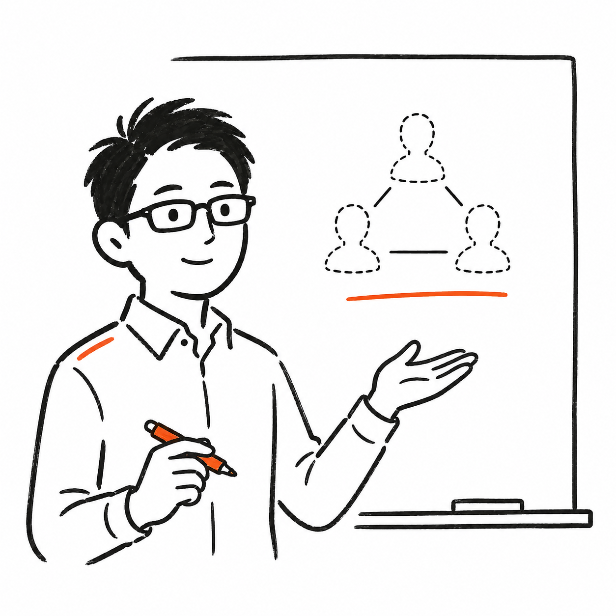 くぼた係長がホワイトボードの前でAI組織のつくり方を教えている手描きイラスト